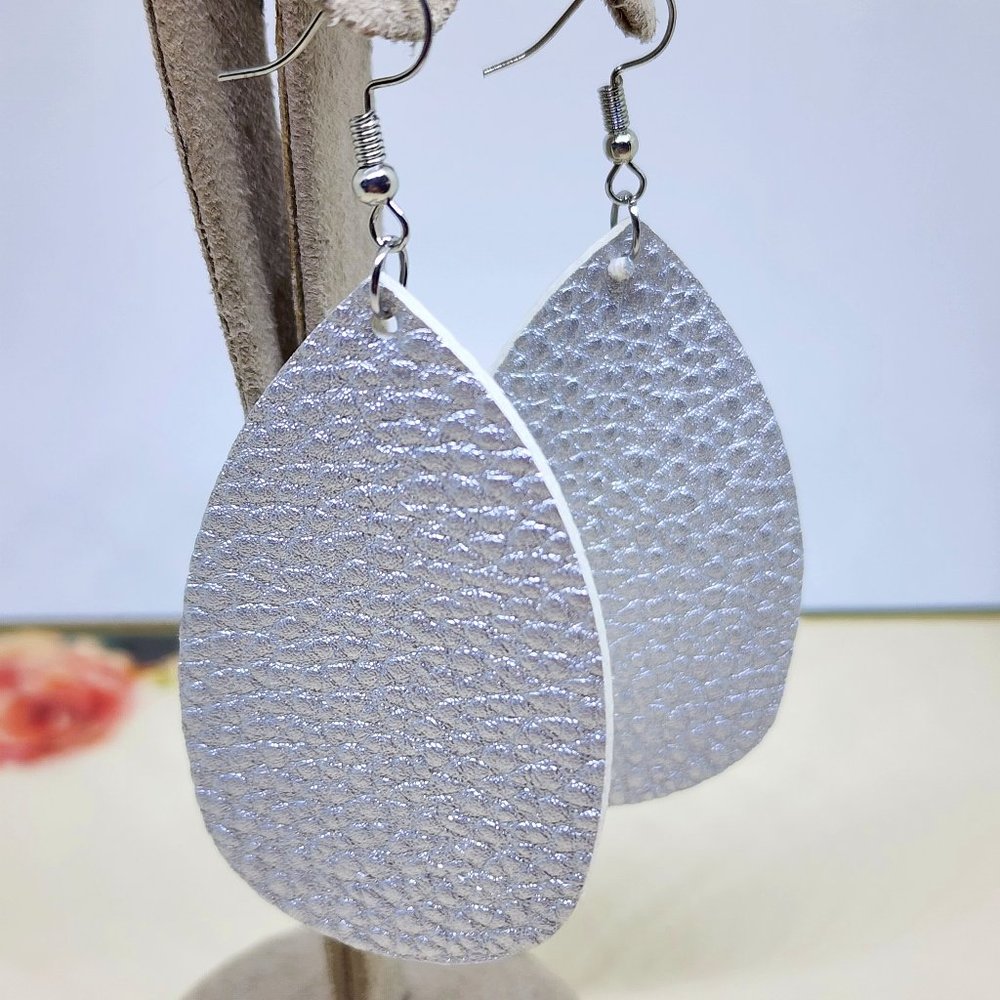 Silver Pebbled Lightweight Teardrop Large Dangle Pierced Earrings